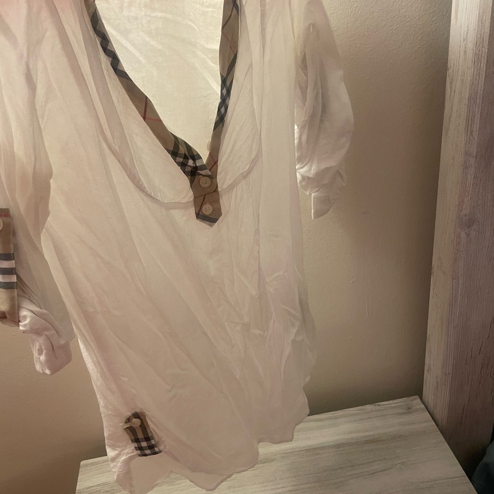 Burberry Sheer Blouse with Plaid Trim
